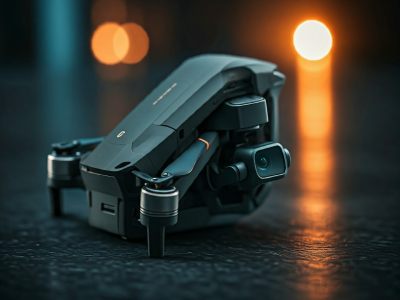 Modern matte black drone with camera showing industrial design factors against a bokeh background of orange lights