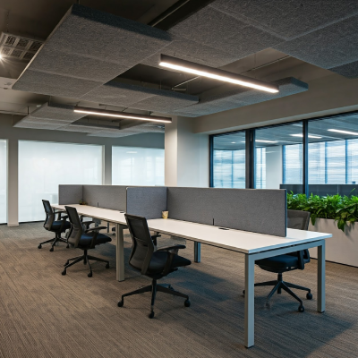 A professional architectural interior featuring modern acoustic wall panels designed with geometric lines for sound treatment