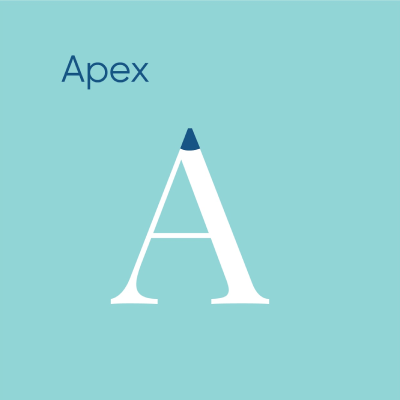 A professional typography diagram illustrating the apex anatomy of a typeface using the uppercase letter A