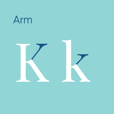A professional typography diagram illustrating the arm anatomy of a typeface using the letter K and k