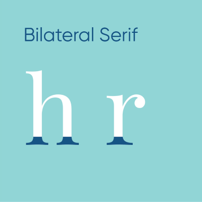 A professional typography diagram illustrating the bilateral serif anatomy of a typeface using the letters h and r