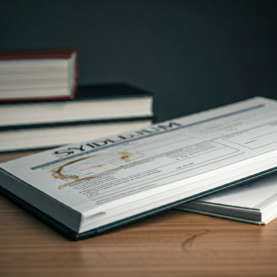 A professional photograph illustrating course design through a detailed syllabus and educational textbooks on a wooden desk