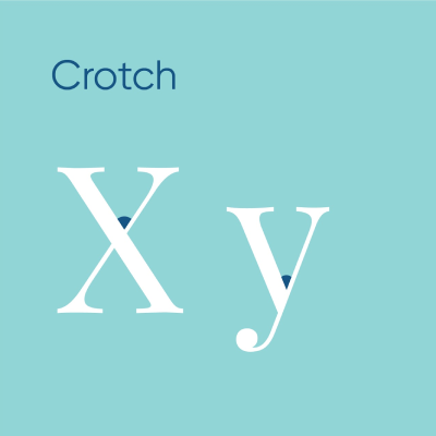A professional typography diagram illustrating the crotch anatomy of a typeface using the letters X and y