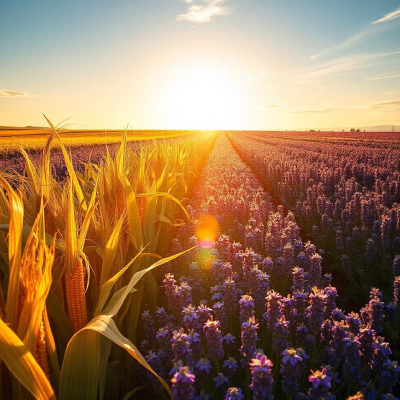 A beautiful sunlit field of lavender and corn showcasing organic curved lines as a fundamental design element