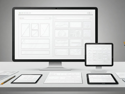 Desktop monitor and tablets displaying website wireframe sketches on a workspace for essential UI UX design skills