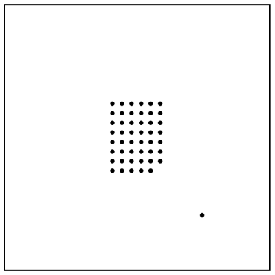 A professional graphic illustration featuring a grid of dots with one excluded point as a design element