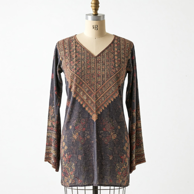 A professional photograph illustrating fashion design through a stylish model wearing a layered, textured avant-garde outfit