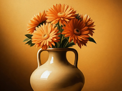 Vibrant orange gerbera daisies in a cream ceramic vase against a textured gold background for design