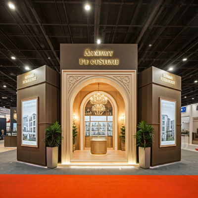An elegant luxury exhibition booth design featuring a grand arched entrance, warm lighting, and sophisticated brown architecture