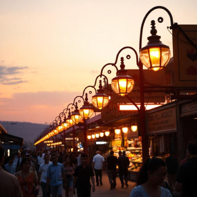 A professional evening photograph illustrating imaginary lines as a design element created by a row of streetlights