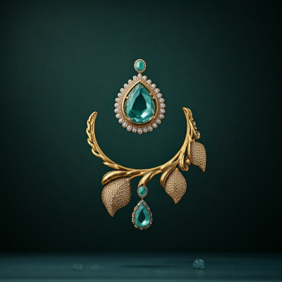 A professional photograph illustrating jewelry design through an elegant gold pendant and necklace featuring green gemstones and diamonds