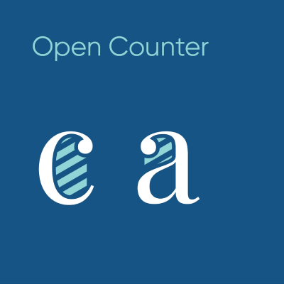 A professional typography diagram illustrating the open counter anatomy of a typeface using the letters c and a