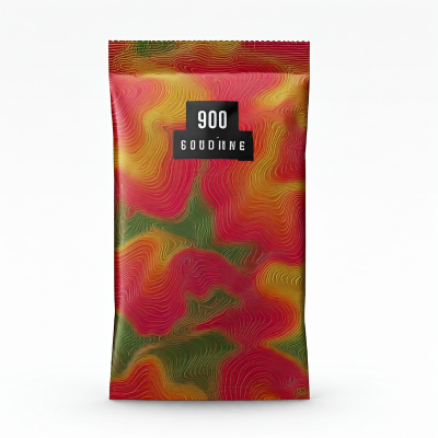 A professional photograph illustrating package design through a vibrant snack pouch featuring colorful topographic patterns and branding