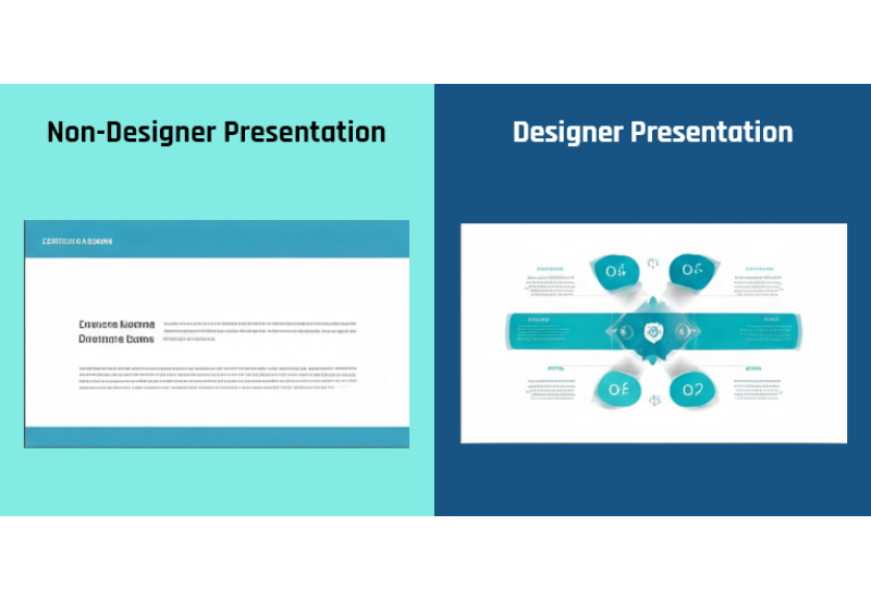 A professional graphic comparison illustrating presentation skills by contrasting simple text slides with visually engaging infographic designs