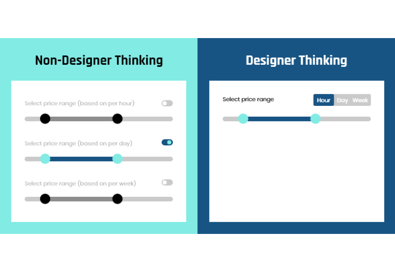 A professional side-by-side comparison illustrating problem solving through complex UI controls versus a simplified designer thinking approach