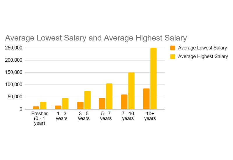 A professional bar chart showing average lowest and highest salary growth based on years of career experience