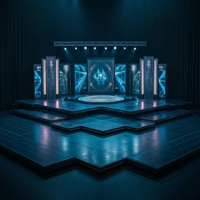 A professional photograph illustrating stage design through a modern theater set with digital screens and blue lightings