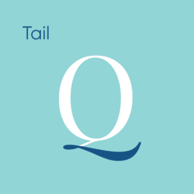 A professional typography diagram illustrating the tail anatomy of a typeface using the uppercase letter Q