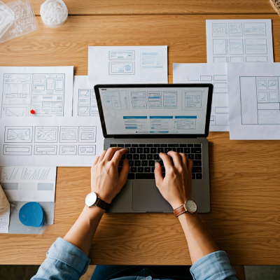 A professional photograph illustrating UI/UX design through a designer working on wireframes and prototypes on a laptop