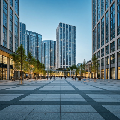 A professional evening photograph illustrating urban design through a modern city square with tall skyscrapers and symmetrical architecture