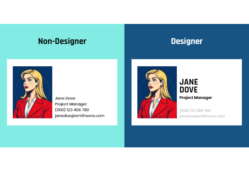A professional side-by-side comparison illustrating visual language through business card designs by a non-designer versus a designer