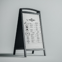 A professional black metal A-stand mockup featuring a barbershop price list menu for outdoor sidewalk signage branding
