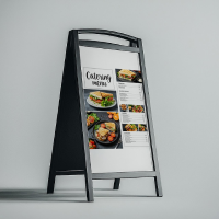 A professional sidewalk A-stand mockup display featuring a colorful florist flower shop menu for outdoor advertising