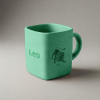 A professional teal clay mug mockup featuring a custom Leo zodiac sign lion logo for personalized branding