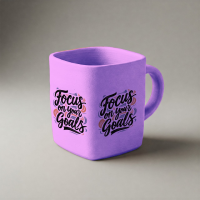 A professional purple clay mug mockup featuring a motivational 'Focus on your Goals' typography quote design