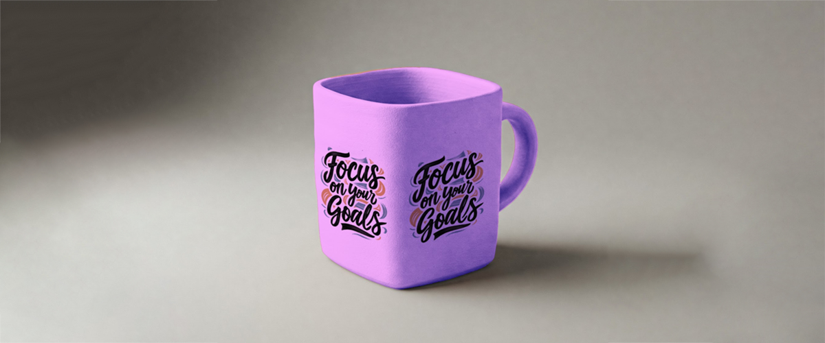 A square purple clay mug mockup with a focus on your goals quote for free download freebie
