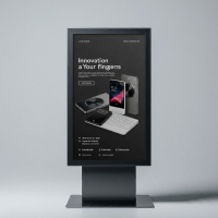A professional outdoor digital standee mockup display featuring a high-tech electronics advertisement for modern retail product promotion