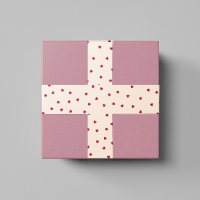 A professional duct tape mockup on a pink gift box featuring a custom red heart pattern design