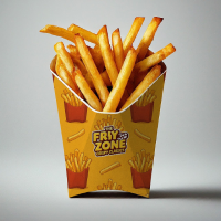 A professional french fries box mockup featuring 'The Friy Zone' yellow pattern branding for fast food packaging