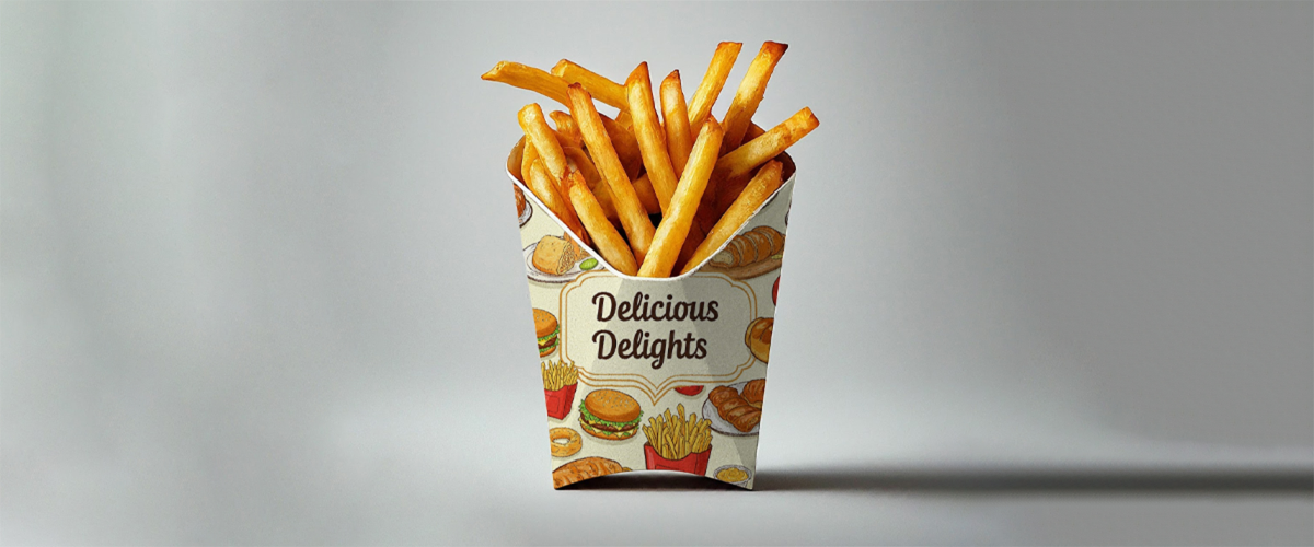 A branded cardboard box filled with crispy golden french fries for fast food packaging design mockups freebie