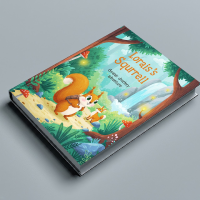 A professional hardcover book mockup featuring a colorful children's forest adventure cover design with a squirrel illustration