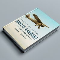 A professional hardcover book mockup featuring a vintage airplane design for a biography about Amelia Earhart