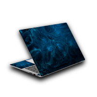 A professional laptop skin mockup featuring a dark blue liquid marble texture design for creative tech branding