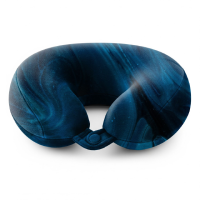 A professional travel neck pillow mockup featuring a dark blue liquid marble pattern for creative comfort branding