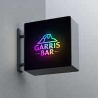 A professional outdoor square sign board mockup featuring a vibrant neon 'Garris Bar' logo for nighttime branding
