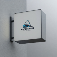 A professional wall-mounted square outdoor signage mockup featuring a Vacum Man car cleaning business logo design