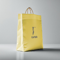A professional yellow paper bag mockup featuring a minimalist 'Curtain' logo design for creative retail packaging branding