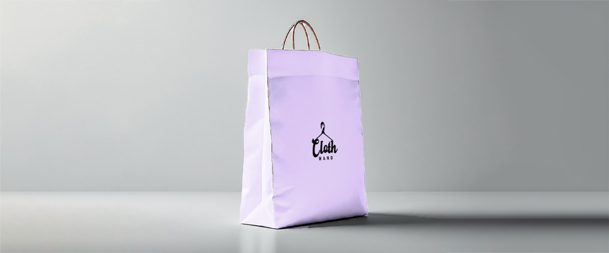 A light purple paper bag mockup with wire handles standing on a gray surface freebie