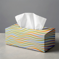 A professional tissue box mockup featuring a white container with multicolor wavy patterns for creative branding projects
