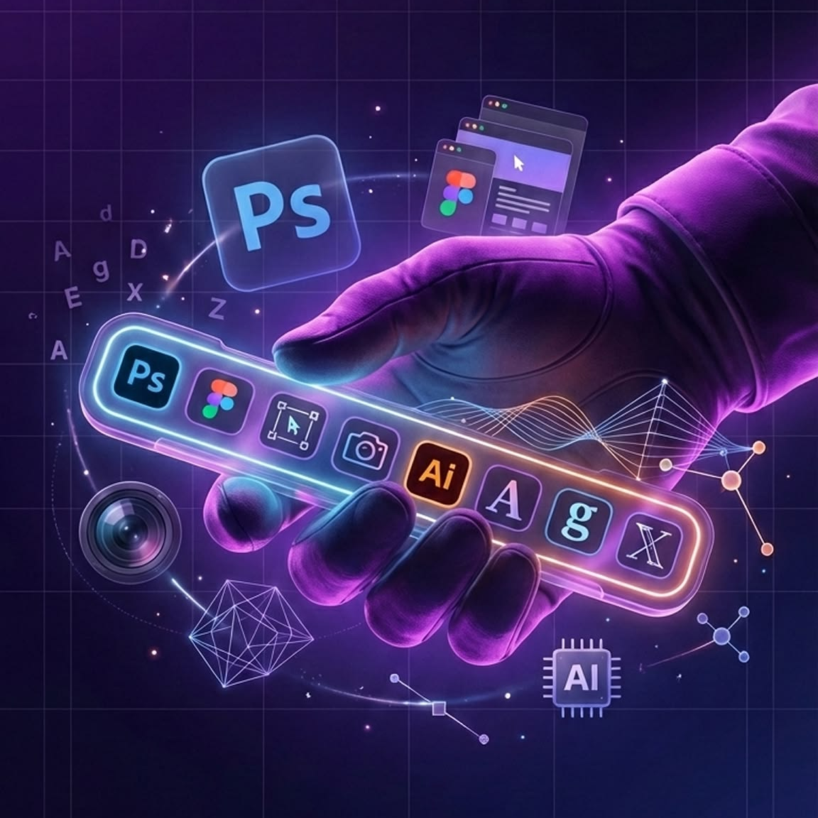 Futuristic digital illustration of a designer's hand holding a glowing toolbar with Photoshop, Illustrator, Figma and AI icons to represent advanced design training