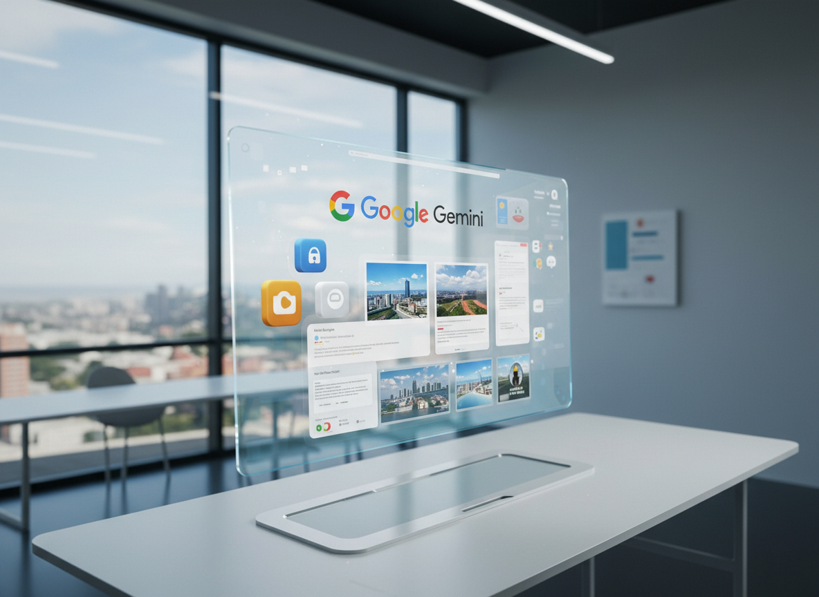 Futuristic holographic screen on an office desk displaying a Google Gemini AI-powered interface