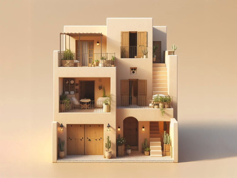 3D isometric render of a Mediterranean-style villa