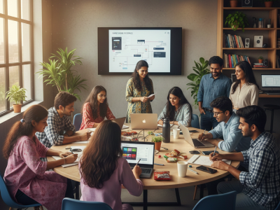 Professionals in a meeting discussing branding strategy