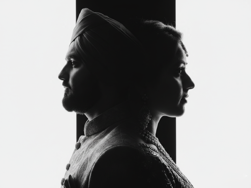 Black and white silhouette portrait of an Indian couple
