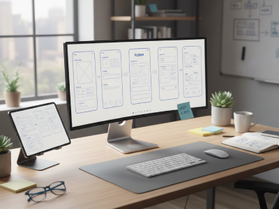 UI/UX design workspace with sketches and a laptop