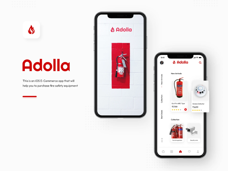 A UI/UX design showcase for Adolla, an iOS e-commerce app for purchasing fire safety equipment